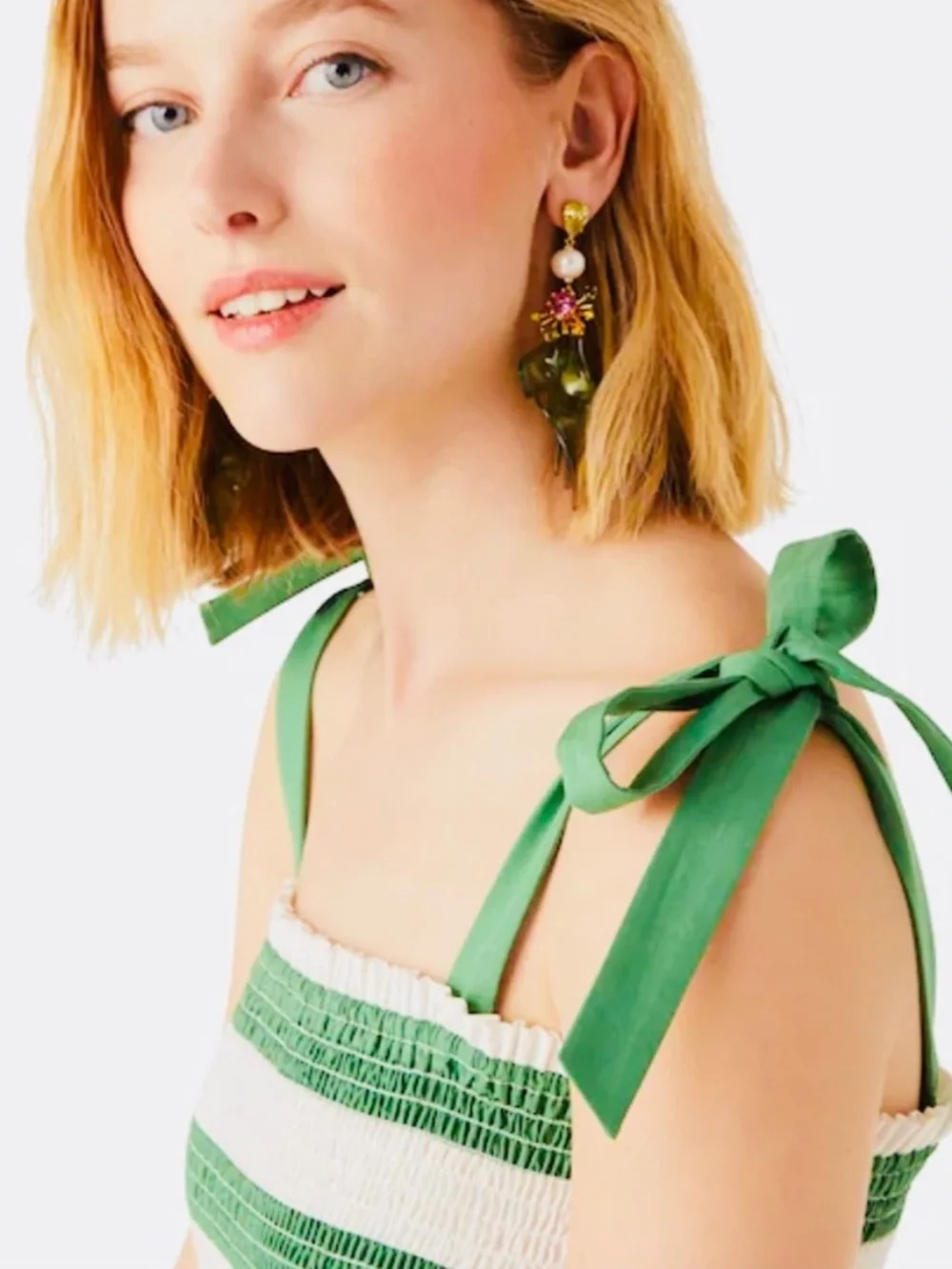 Kate Spade Beach Time Stripe Smocked Top Green Bean Strap Ties Ric Rac Hem